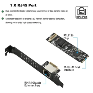5GBase-T 1 Port 5000Mbps M.2 b key M key to PCIe 5gb Ethernet Card RTL8126 RJ45 LAN Controller Card