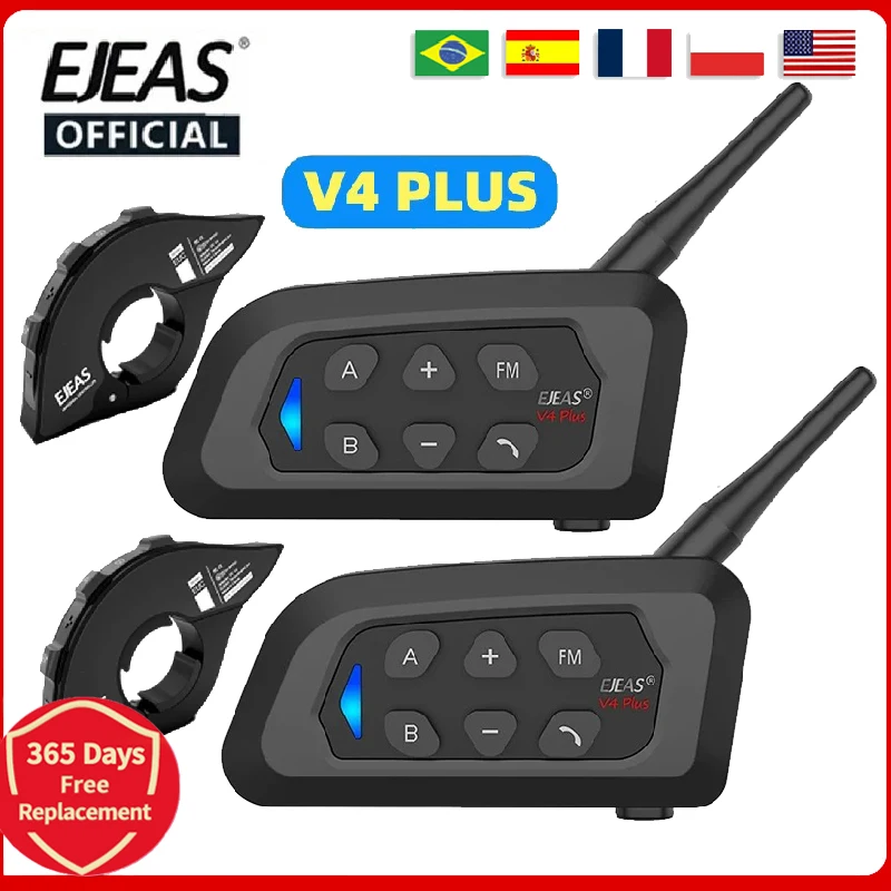 EJEAS V4 Plus Motorcycle Helmet Bluetooth Walkie Talkie 4 Riders Distance 1500 Meters Full Duplex IP65 Waterproof
