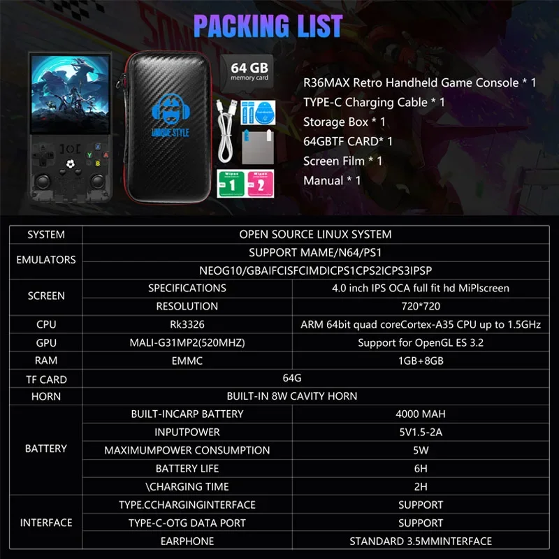 WDYQJE Gaming Console Handheld R36MAX Retro Handheld Game Console Linux System 4'' IPS Screen R36 Portable Pocket Video Player 6 WDYQJE Gaming Console Handheld R36MAX Retro Handheld Game Console Linux System 4'' IPS Screen R36 Portable Pocket Video Player - Image 6