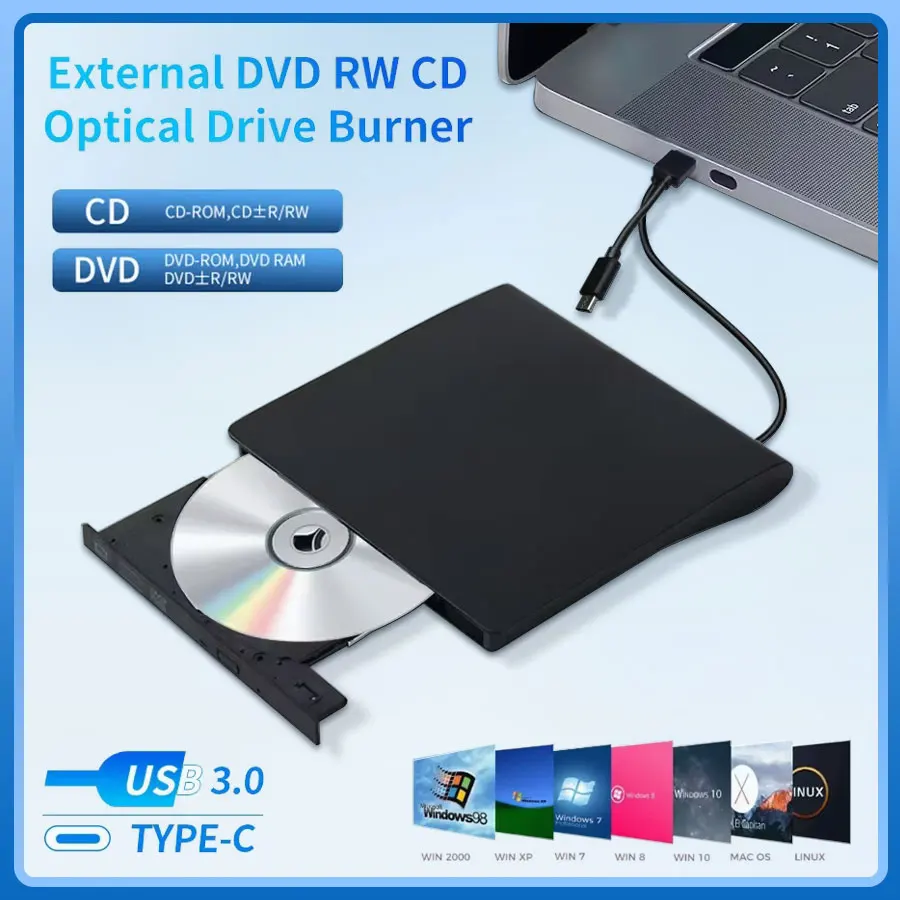 USB 3.0 Type-C DVD Burner 2-in-1 Slim External Recorder Portable CD-RW DVD-ROM Optical Drives Writer Reader Player For PC Laptop