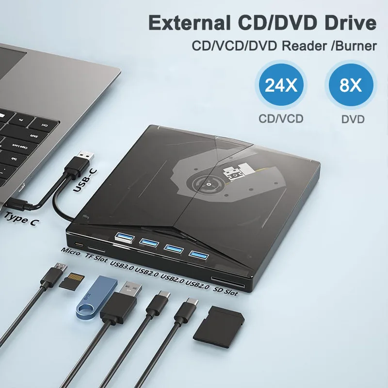 kf-S13aba4f4706b4a018d5a27c57ee691508 7-in-1 External CD/DVD Drive USB3.0 Type-C Portable CD DVD RW Player Reader Burner for Laptop PC Windows with SD TF Card Slots