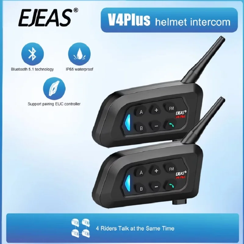 EJEAS Type-C V4 Plus Motorcycle Helmet Interphone Bluetooth 5.1 4-Way 1200M Intercom Headset FM Radio IP65 Waterproof