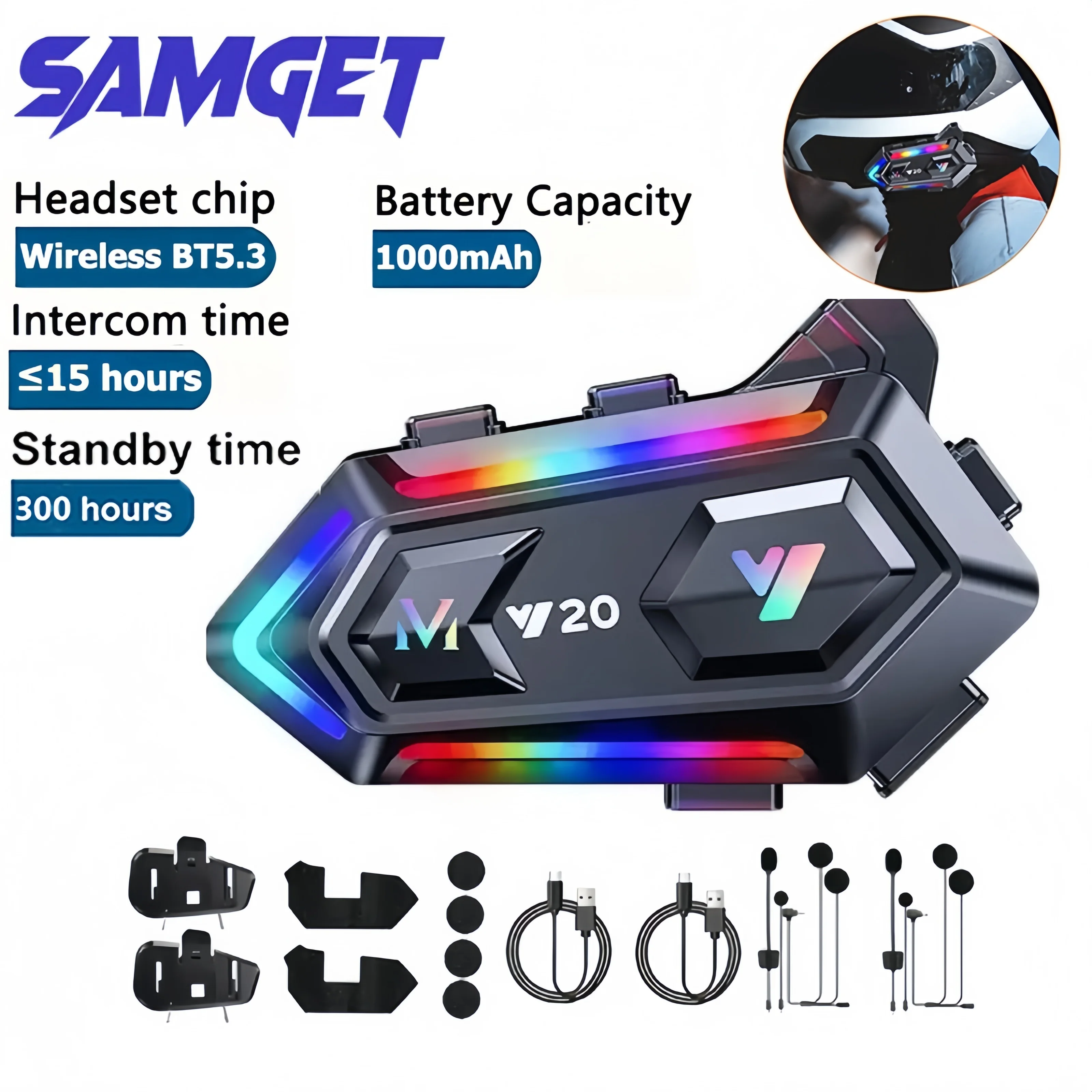 Bluetooth 5.3 Y20 Motorcycle Helmet Headset For Riders Waterproof 1000mAh Interphone Phone Device Communicator Speakers