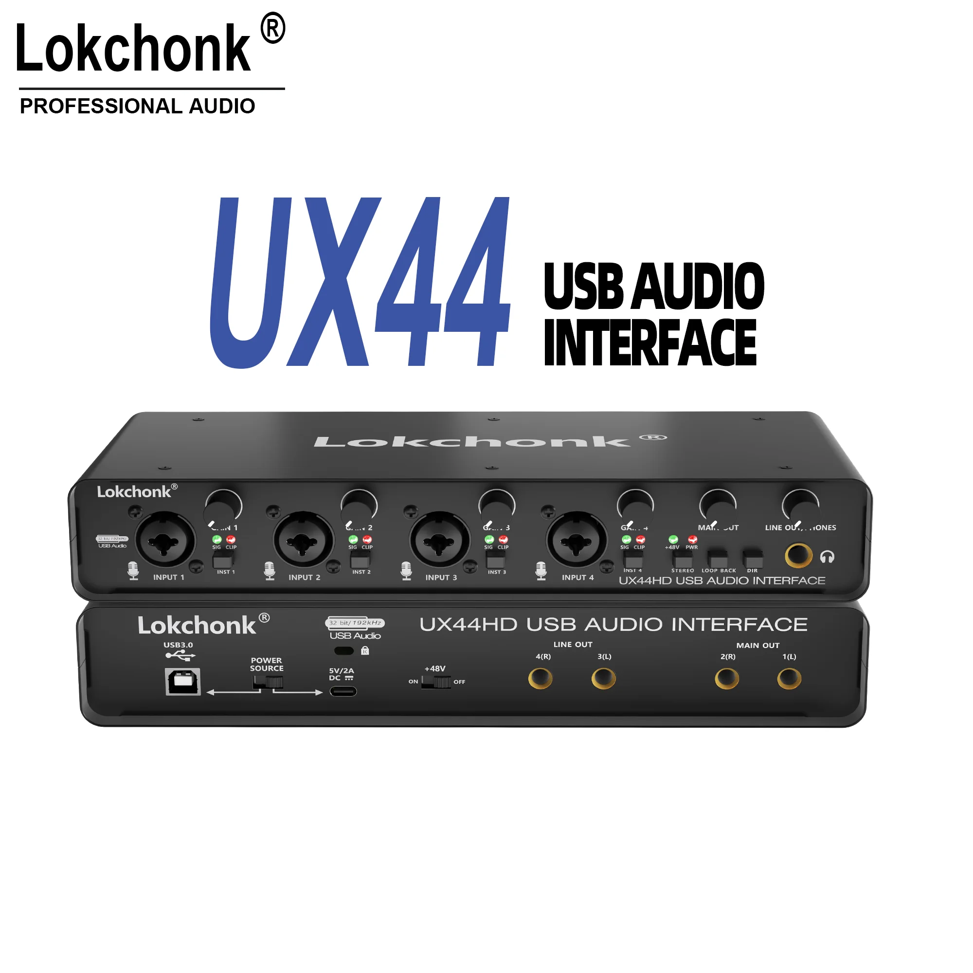 lokchonk UX44 Professional 4 Channel Audio Sound Card 4 in 2 Interface de Audio for Podcast Recording Music Instrument
