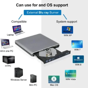 Ultra-Slim External Optical Drive with 4K Blu-Ray Burning, USB 3.0, DVD Play, 3D Blu-Ray R/W, CD/DVD Burner