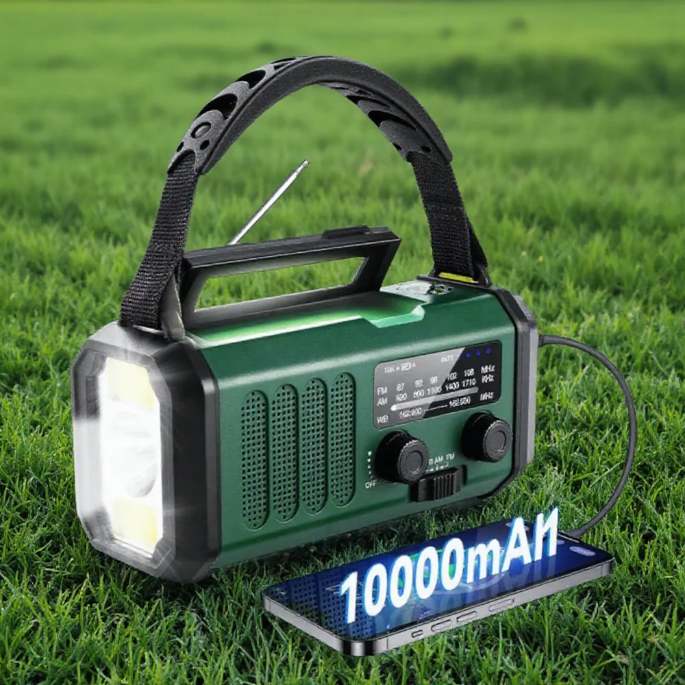 10000mAh Emergency Solar Crank AM FM Weather Alert Radio USB C Charger Flashlight SOS Alarm Compass Outdoor Gear