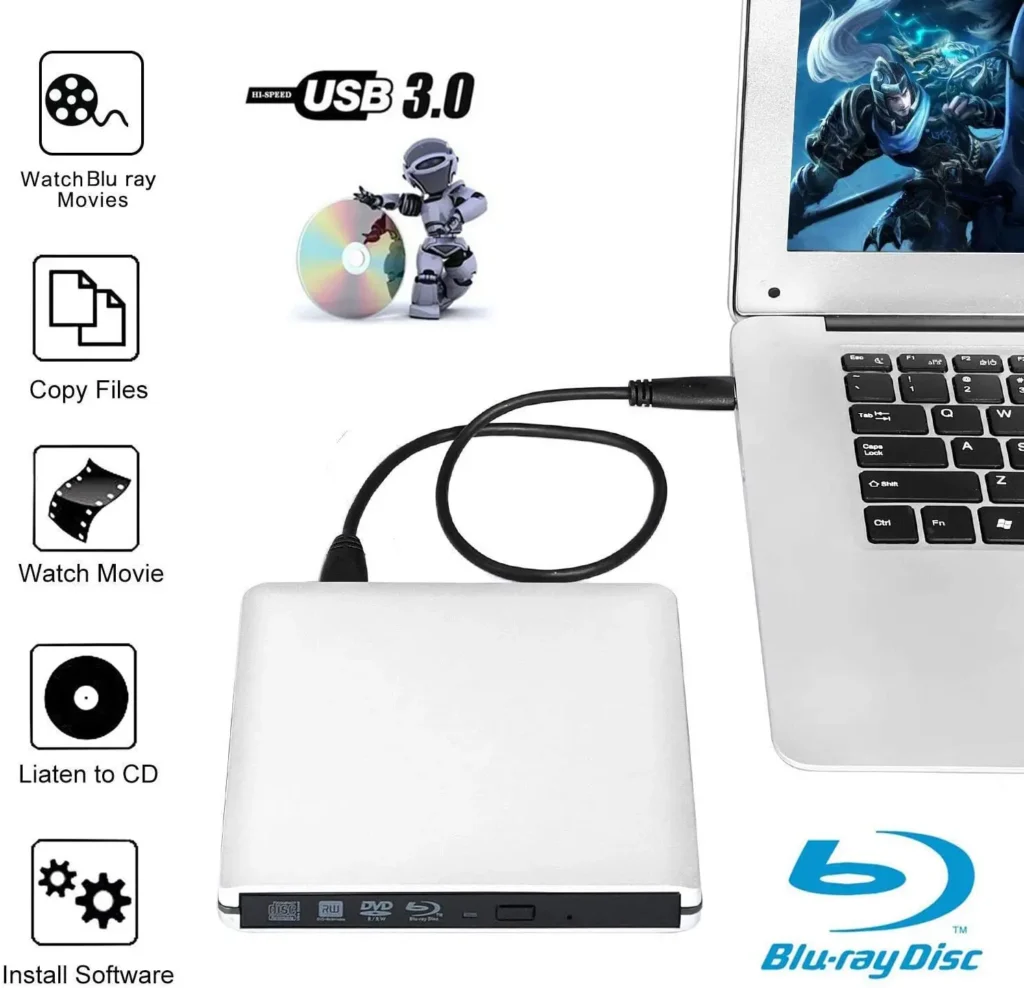 Ultra-Slim External Optical Drive with 4K Blu-Ray Burning, USB 3.0, DVD Play, 3D Blu-Ray R/W, CD/DVD Burner