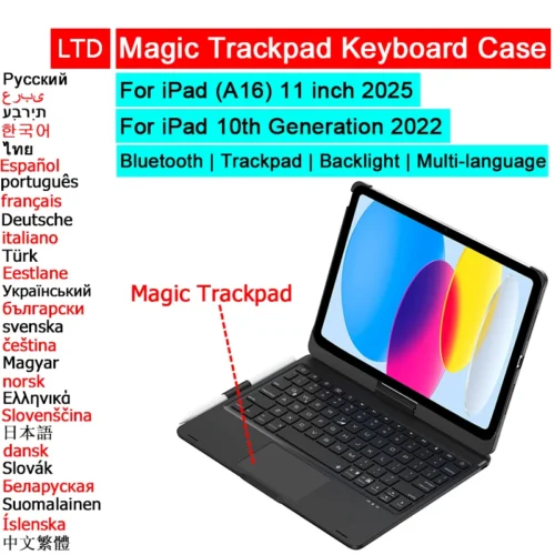 kf-S26da19aca4424a9fbc93662dd893a8deT Bluetooth Magic Keyboard Case For iPad A16 11 inch 2025 10th Generation 2022 Tablet Case Arabic Spanish Italian French Keyboard
