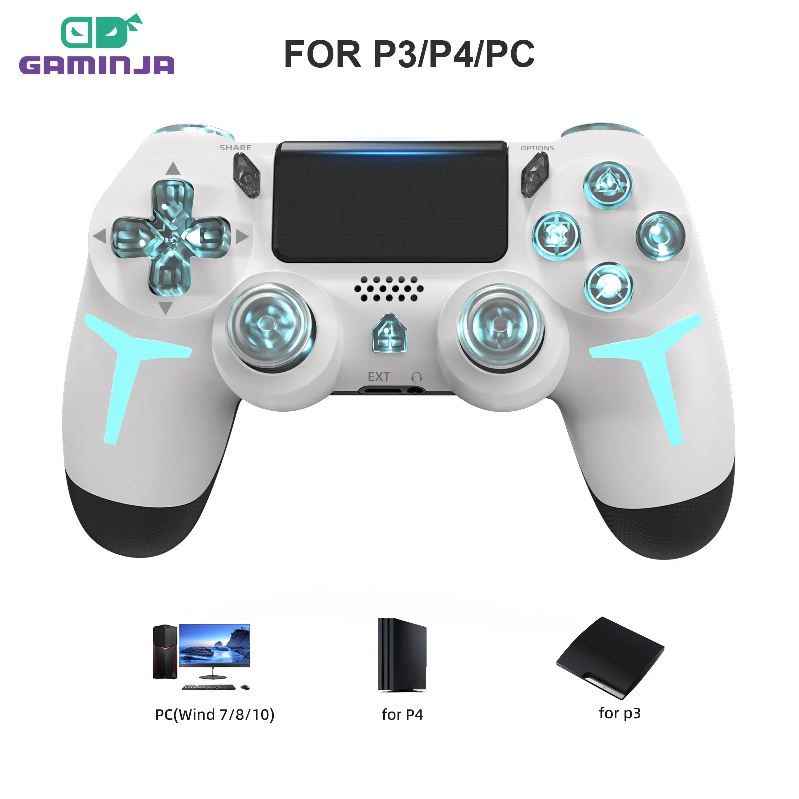 kf-S297281bea4b5426db194d7a0b44104c1A GAMINJA RGB Light Wireless Game Controller For PS4 PS3 Console Computer PC LED Bluetooth Gamepad 6-axis Gyroscope Dual Vibration