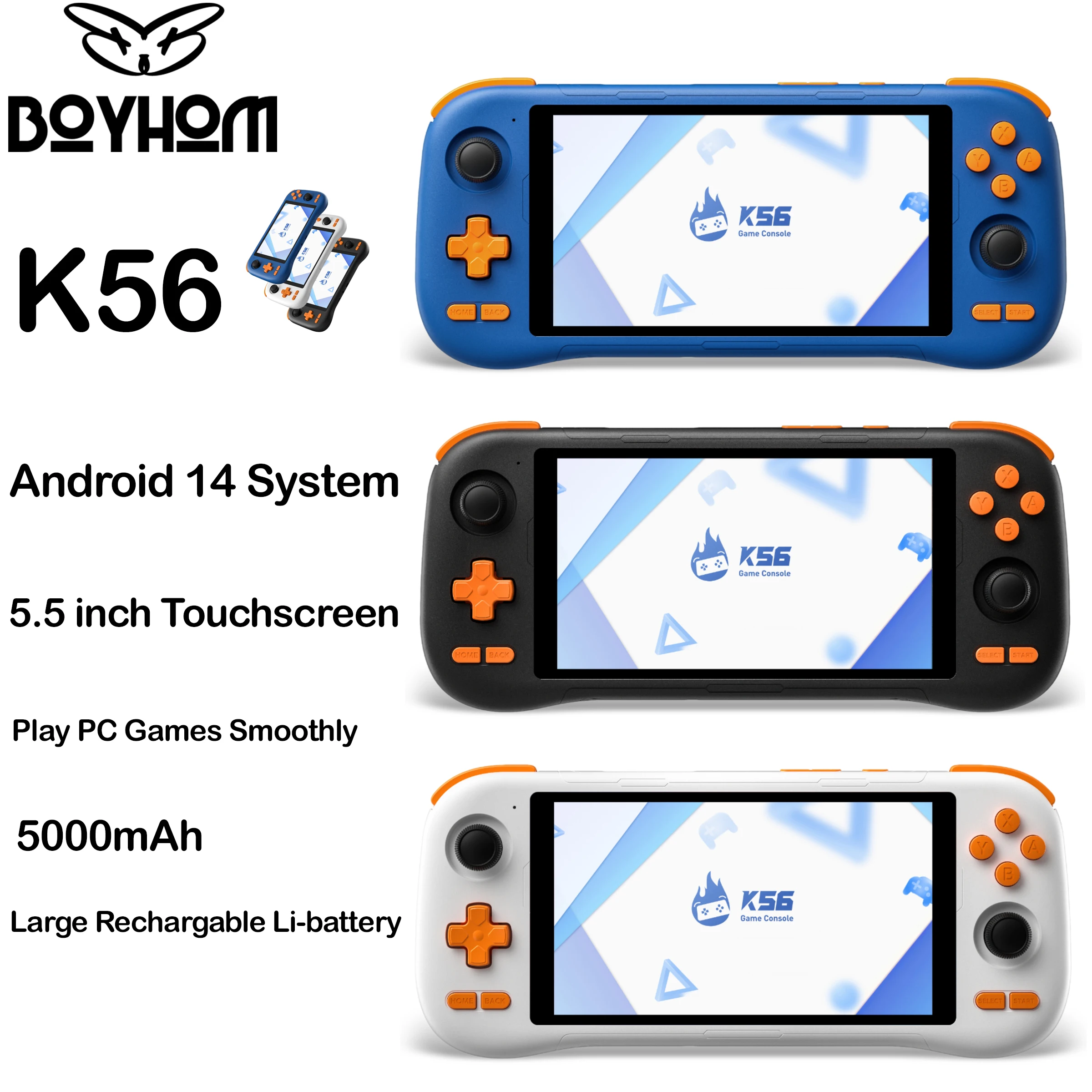 K56 Retro Handheld Game Console, Android 14 System,5.5 Inch Touchscreen 5000mAh Large Rechargeable Li-battery Best Gift