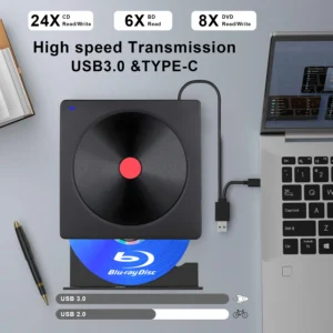 External Blu-ray Drive, Portable Blu-ray Player & CD DVD Burner – USB 3.0 & Type-C BD/DVD/CD Reader, Lightweight for laptop PC