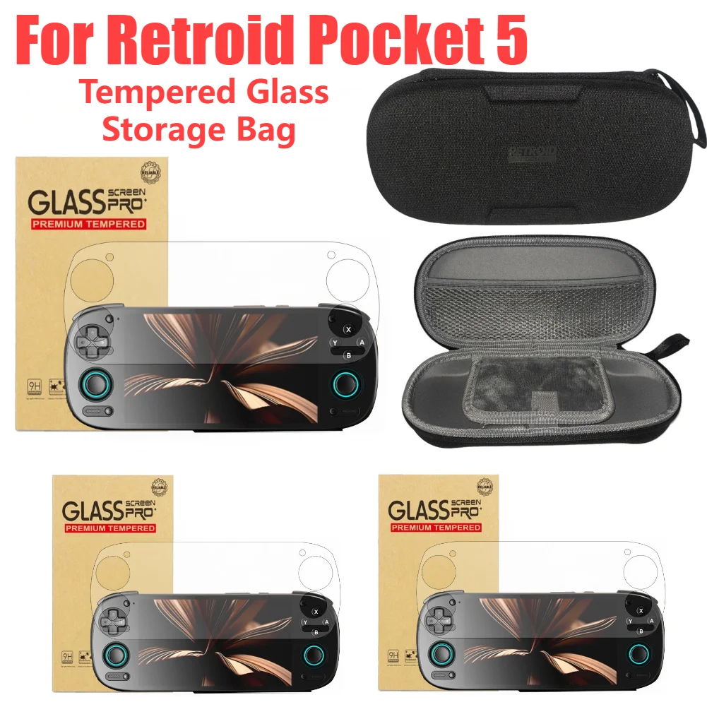 For Retroid Pocket 5 Tempered Glass Screen Protector Films Ultra-Clear Protective Storage Bag for Retroid Pocket 5 Game Console