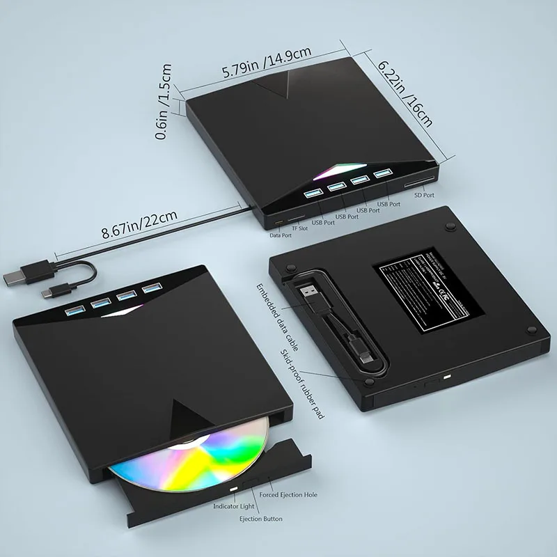 kf-S3ee85babbb1e40e3a75f15f03cd940f9n 7-in-1 External CD/DVD Drive USB3.0 Type-C Portable CD DVD RW Player Reader Burner for Laptop PC Windows with SD TF Card Slots
