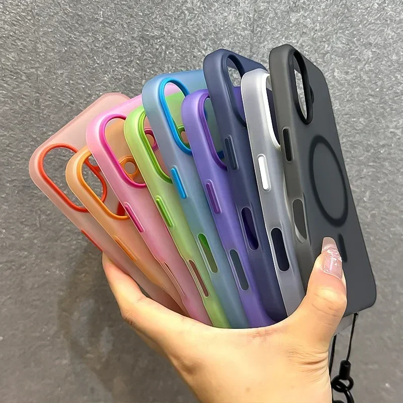 For Magsafe Candy Color Contrast Lanyard Case For iPhone 16 15 17 Pro Max 14 Plus 11 12 13 16e Hand Wrist Strap Matte Soft Cover