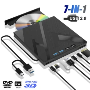 7 in 1 External Bluray Optical Drive for Laptop PC USB 3.0 Type-C BD DVD CD-RW Player Portable Burner with SD/TF Card Slot