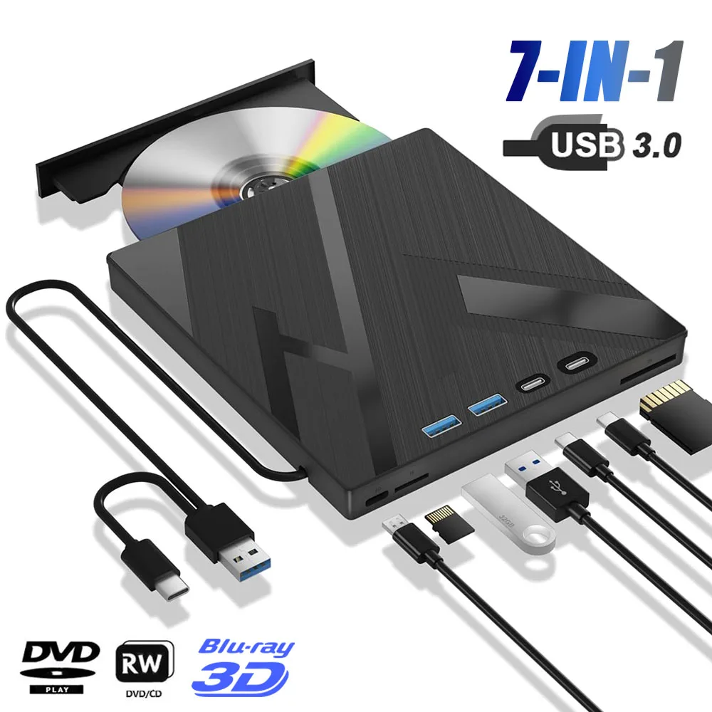 7 in 1 External Bluray Optical Drive for Laptop PC USB 3.0 Type-C BD DVD CD-RW Player Portable Burner with SD/TF Card Slot