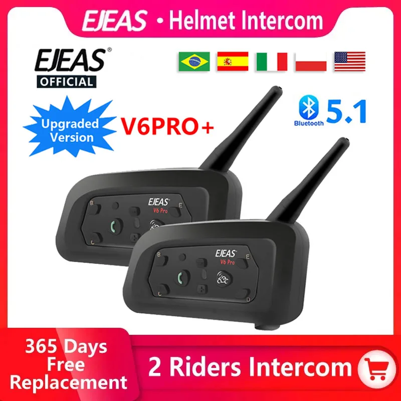 EJEAS V6 PRO+/ plus Motorcycle Intercom Helmet Bluetooth Headset 6 Riders 800m Communicator Waterproof Music Player Interphone
