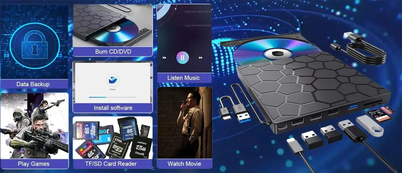 7 in 1 External CD/DVD Drive USB 3.0 Type C Portable DVD Player CD Burner External Disk Drive for Desktop Mac Windows Linux 9 kf S4f2bd83e811d49e29b0f0f4573ad613dl