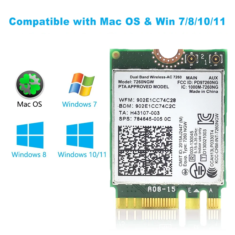 7260AC Bluetooth4.0 WiFi 1200Mbps Wireless Network Card NGFF M.2 Wifi Dongle 802.11AC Dual Band 2.4G 5G For Laptop 7260NGW