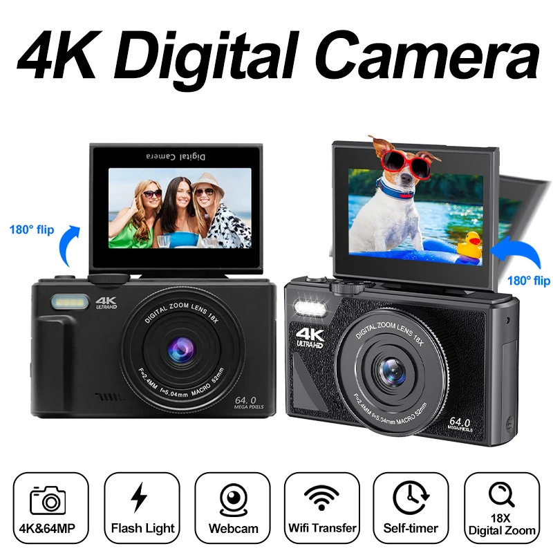 4K Digital Camera 64MP 3.0 Inch Rotatable Screen 18X Digital Zoom WiFi Vlog Camcorder Retro Video Recorder YouTub Webcam Cameras