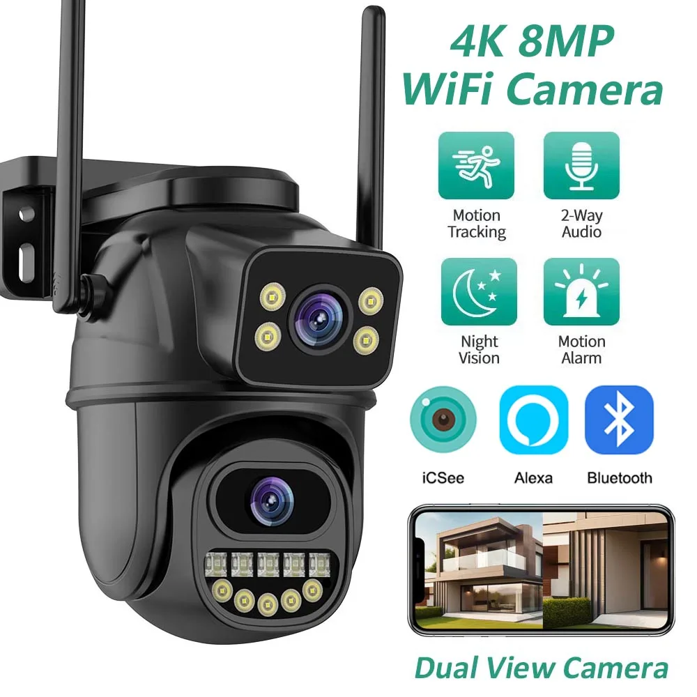4K 8MP Dual Lens Dual Screen IP Camera Wifi PTZ Camera Outdoor 4MP AI Auto Tracking CCTV HD Audio Video Surveillance P2P iCSee