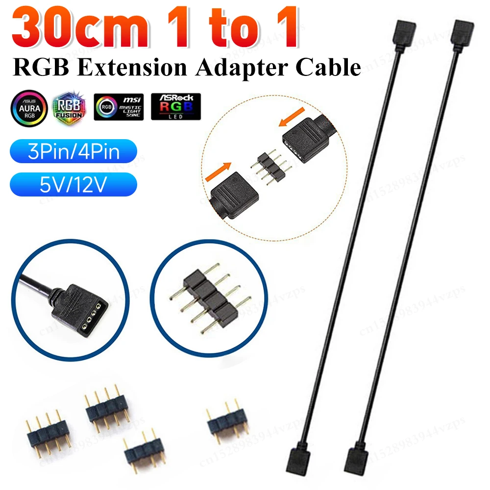 ARGB 5V 3 Pin/12V 4Pin Extension Cable Adapter 30cm 1 to 1 ARGB Splitter Cable for MSI A SUS ASRock AURA LED Light Strip