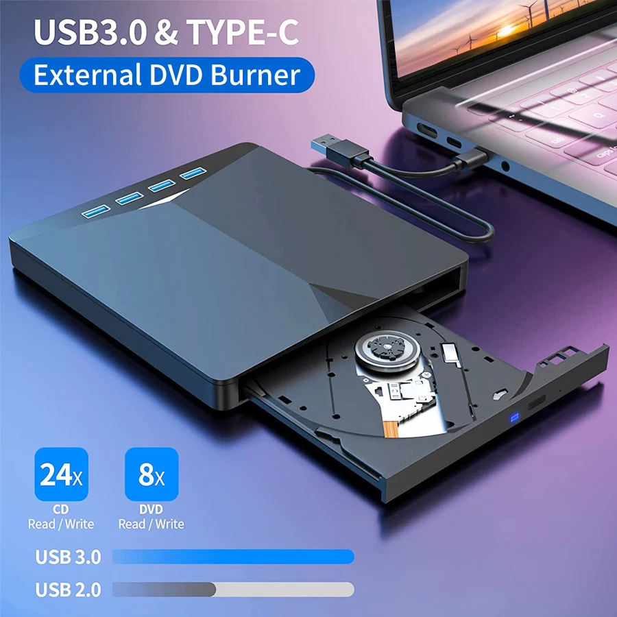 7-in-1 USB 3.0 Type C External CD RW DVD Optical Drives Tray Type DVD Burner Recorder Reader Player for Laptop Notebook PC