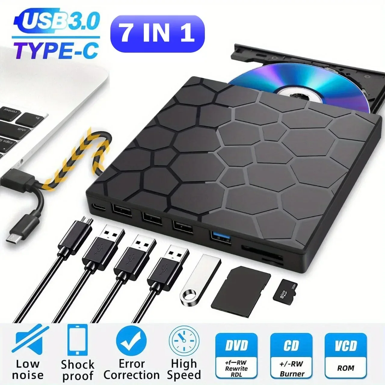 7 in 1 External CD/DVD Drive USB 3.0 Type C Portable DVD Player CD Burner External Disk Drive for Desktop Mac Windows Linux 2 kf S6ba5adf5f2df47658aa28f520350508el