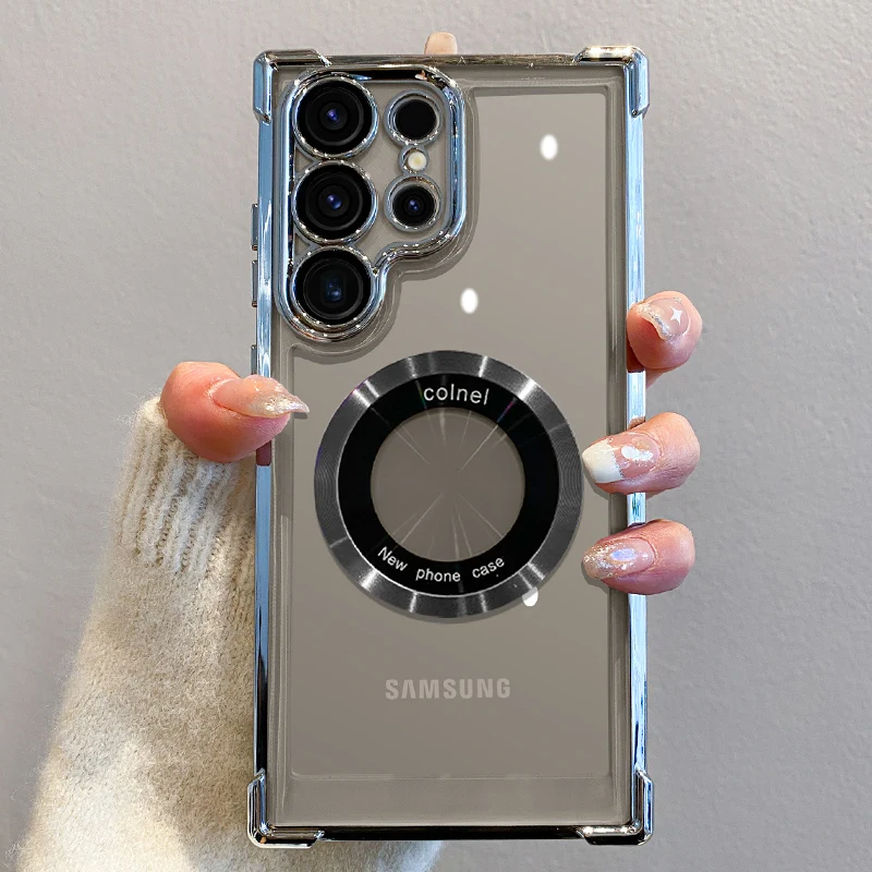 kf-S71698d4e5f7243819362705cedb59863P Luxury Plating Magnetic Wireless Charge Case For Samsung S25 S24 Ultra S23 FE S22 Plus S21 Note 20 Clear Lens Protection Cover