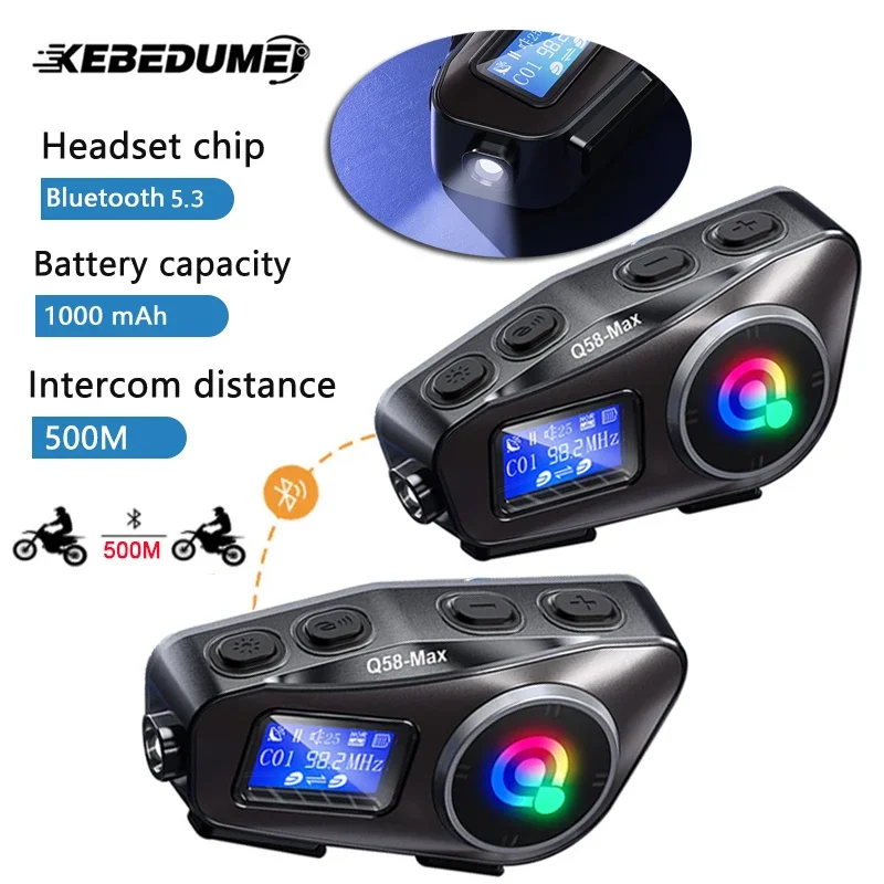 1/2x Motorcycle Intercom Helmet Headset For 2 Riders 500M Interphone FM Radio Music Share LCD Display with flashlight Headphone