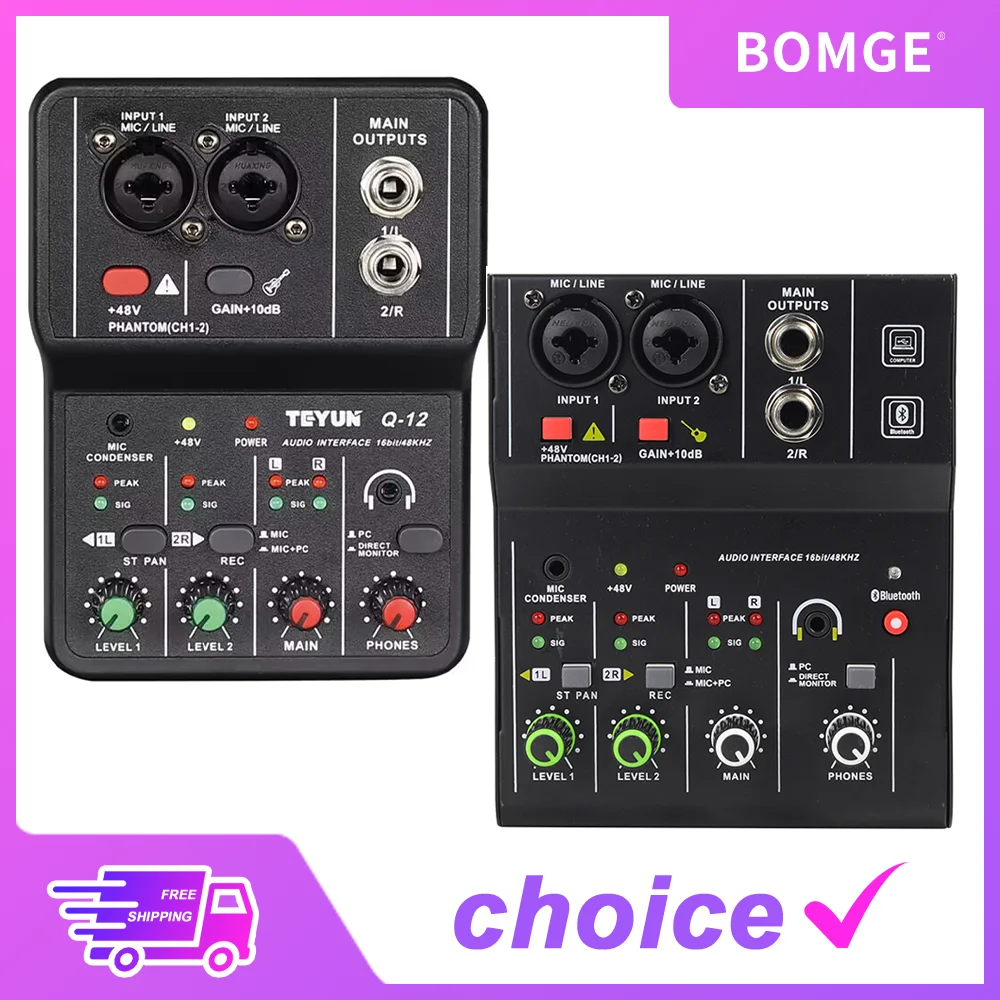 kf-S7a63fb47c64f4f39a7de306ad38bc744J Professional portable TEYUN Q12 Q12M Q26 2 Channels Audio Mixer sound console mini USB card MIXER for PC Guitar Recording Studio