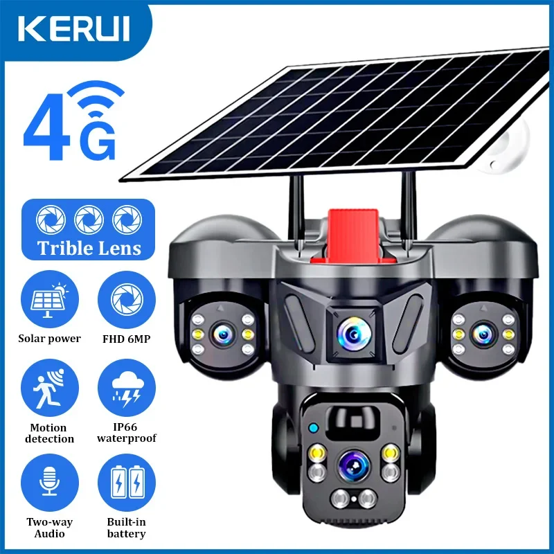 KERUI V380 Pro Outdoor PTZ 6MP WIFI 4G Solar Camera Home Security Triple Lens Camera Solar Panel CCTV Video Surveillance