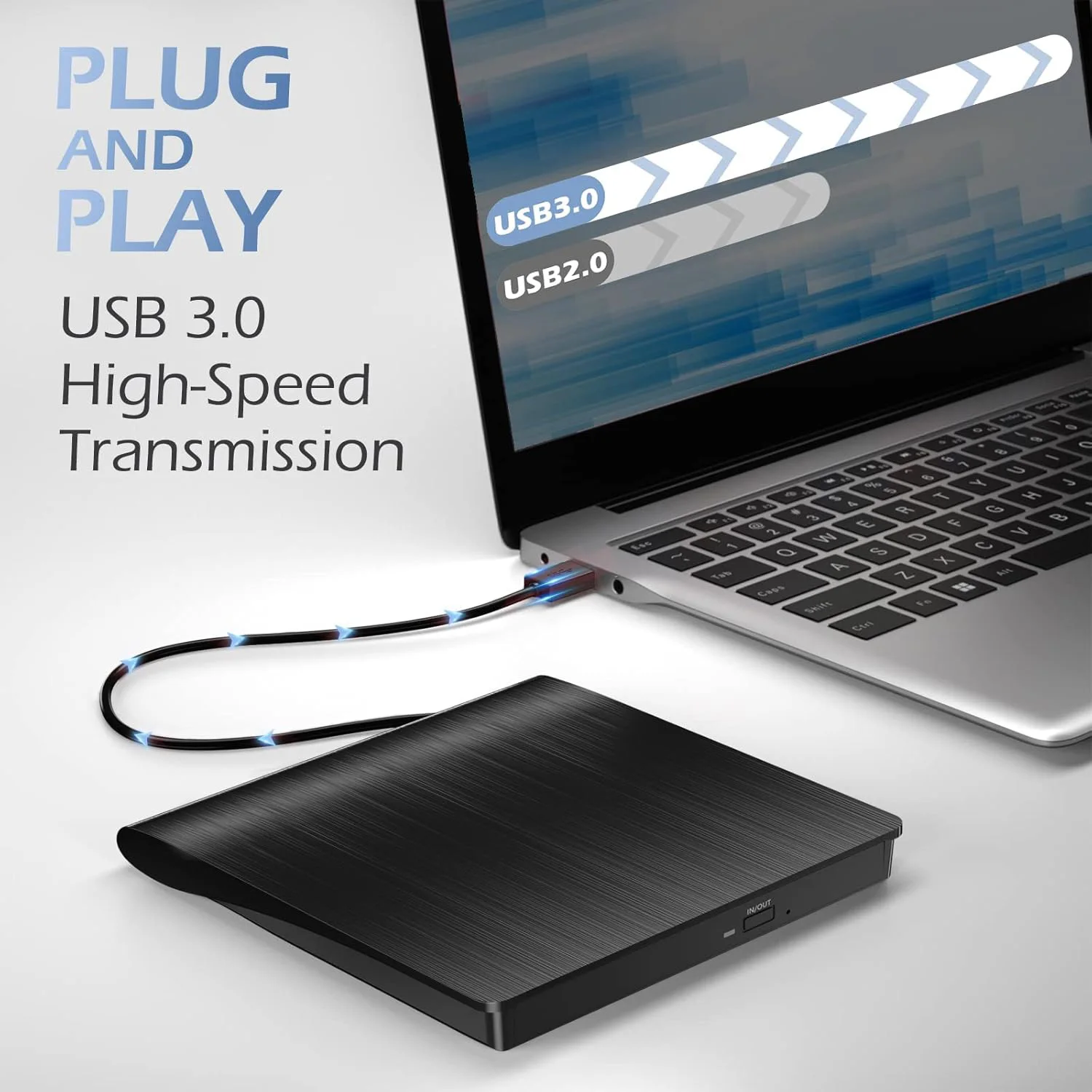 External CD/DVD Drive, USB 3.0 CD DVD Player Portable +/-RW Burner CD ROM Reader Writer Disk Duplicator for Laptop Desktop PC