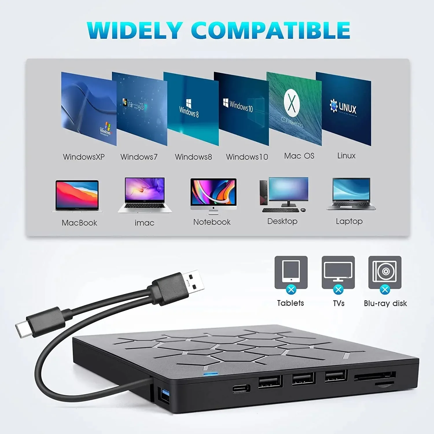 7 in 1 External CD/DVD Drive USB 3.0 Type C Portable DVD Player CD Burner External Disk Drive for Desktop Mac Windows Linux 12 kf S8ec31b7eec0e4a2496dc60227a62c6ce6