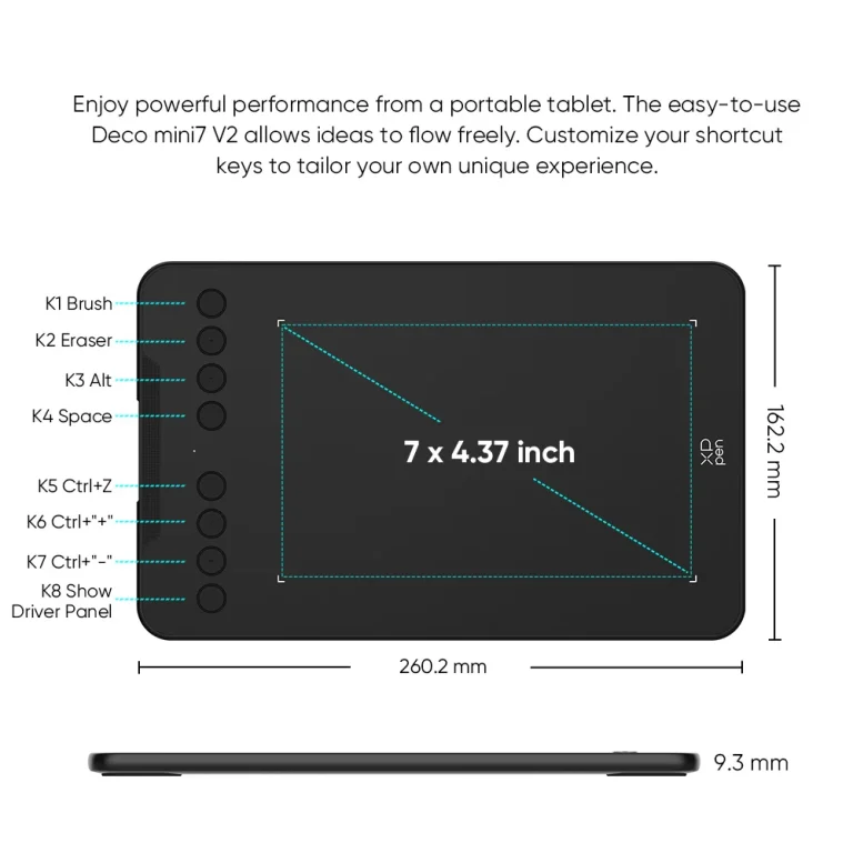 Drawing Tablet XPPen Pen Tablet Deco Mini7V2 with Tilt Function 8 Keys 16384 Levels Graphics Tablet for Android Mac Windows