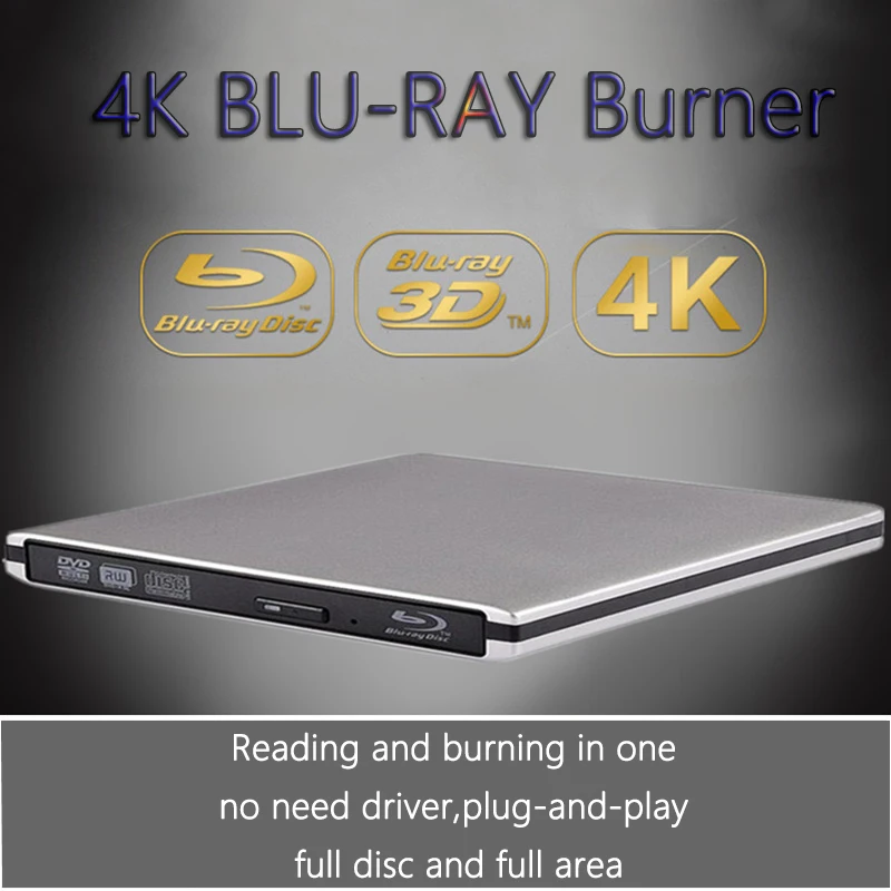 Ultra-Slim External Optical Drive with 4K Blu-Ray Burning, USB 3.0, DVD Play, 3D Blu-Ray R/W, CD/DVD Burner