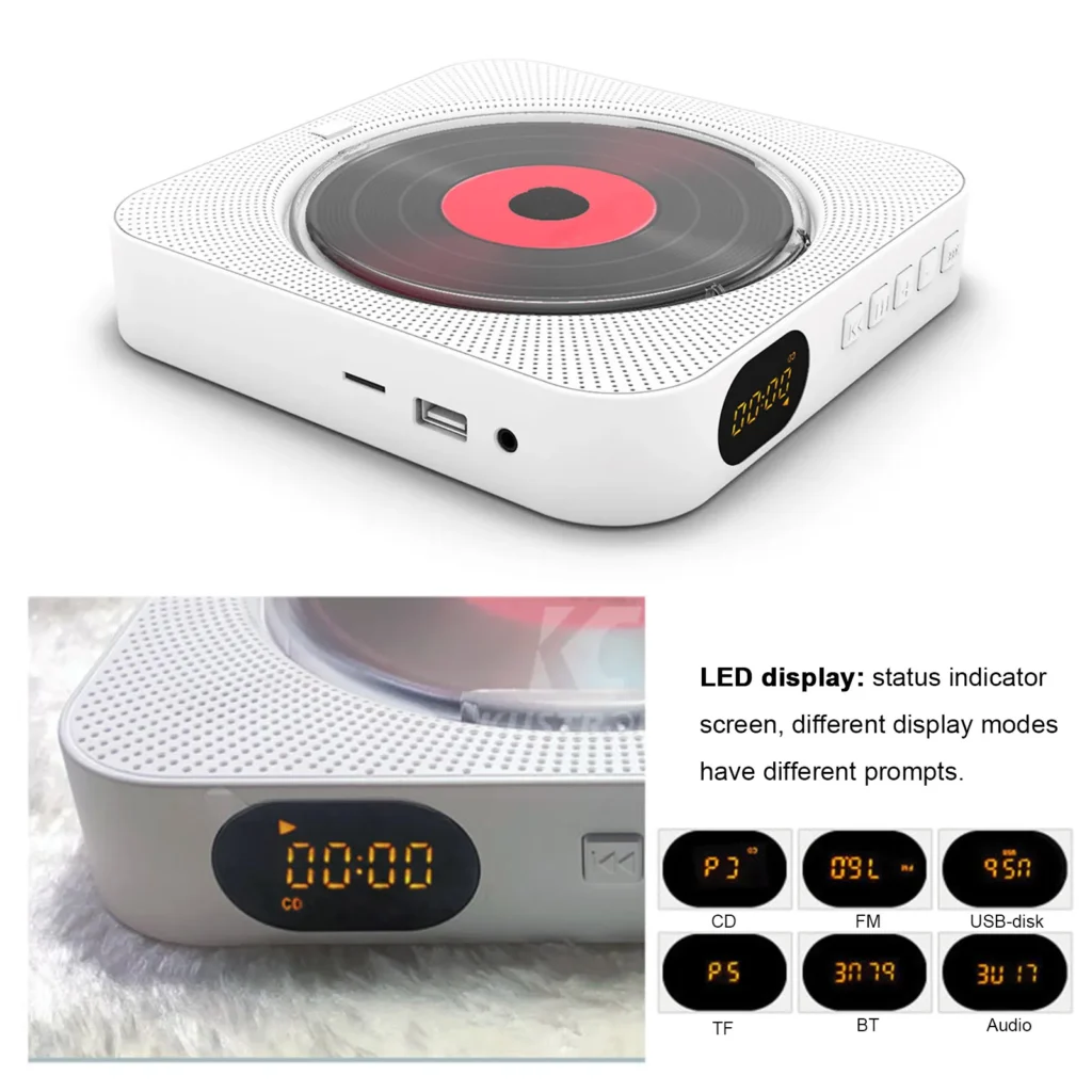 KC-909 Portable CD Player Built-in Speaker Stereo with Double 3.5mm Headphones Jack LED Screen Wall Mountable CD Music Player