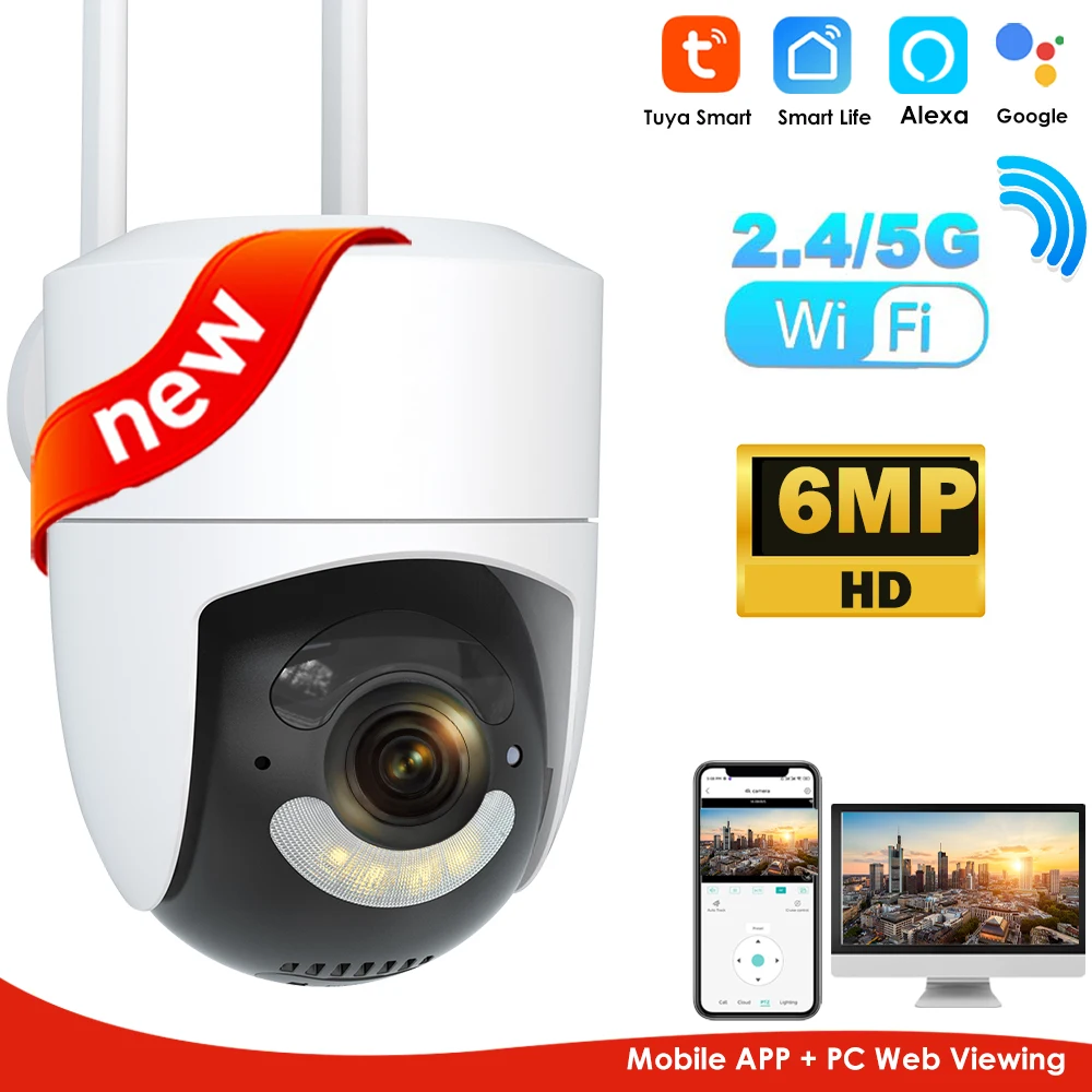 6MP Tuya WiFi Camera Outdoor 2.4G/5G Wifi Surveillance Camera Security Protection CCTV Smartlife Onvif Alexa Google Video Cam