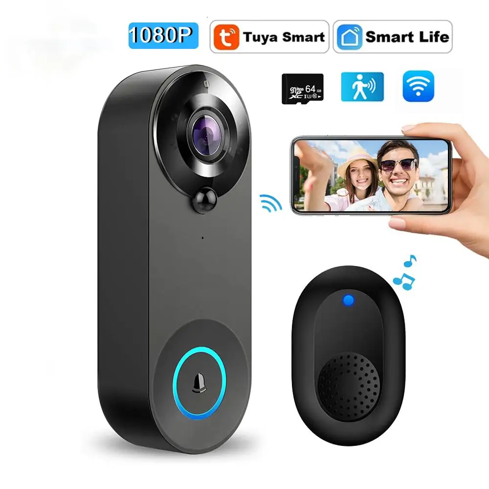 1080P Wireless Video Doorbell Camera WiFi Smart Door Bell with Tuya Integration Night Vision Motion Detect & Intercom for Home S
