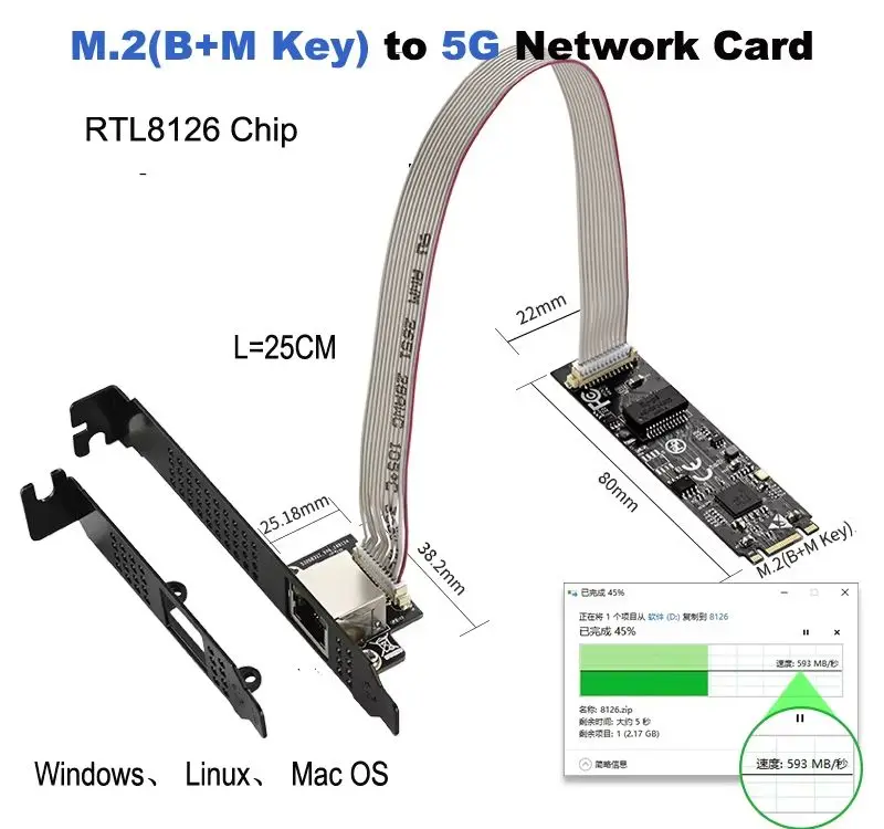 kf-S9c5bbe6ace404f9395292a7916d2131ds 5GBase-T 1 Port 5000Mbps M.2 b key M key to PCIe 5gb Ethernet Card RTL8126 RJ45 LAN Controller Card