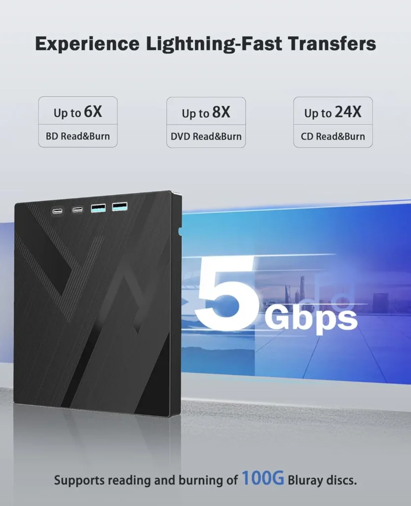 7 in 1 External Bluray Optical Drive for Laptop PC USB 3.0 Type-C BD DVD CD-RW Player Portable Burner with SD/TF Card Slot