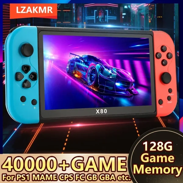 LZAKMR Handheld Game Player X80 Retro Console 40000+Games 128G Memory 800x480 Resolution For PS1 MAME CPS FCGB GBA Compatibility