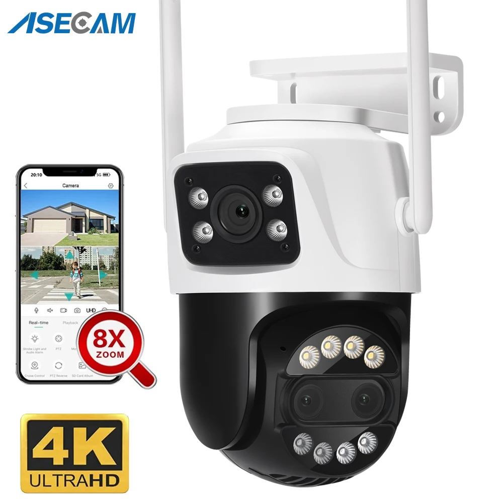 ASECAM 12MP 6K Wifi Camera 8X Zoom Dual Screen Ai Human Detect Auto Tracking CCTV Outdoor Security Surveillance Camera iCSee