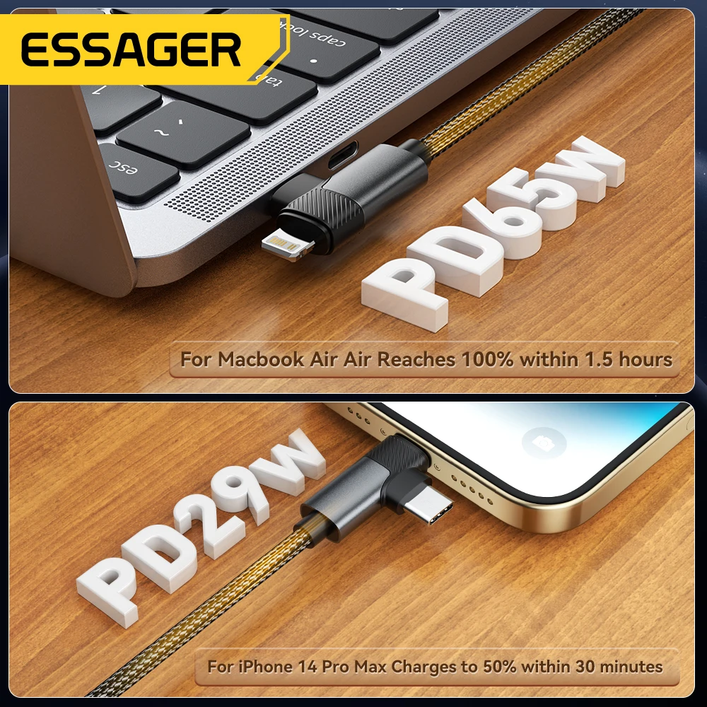 Essager PD 65W Max 2 in 1 Type C to Type C and Lightning For Samsung Xiaomi IPhone 14 13 12 11 Pro Max Xs Plus Data Cable