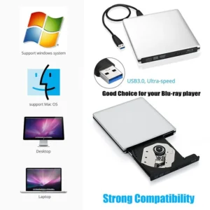 Ultra-Slim External Optical Drive with 4K Blu-Ray Burning, USB 3.0, DVD Play, 3D Blu-Ray R/W, CD/DVD Burner