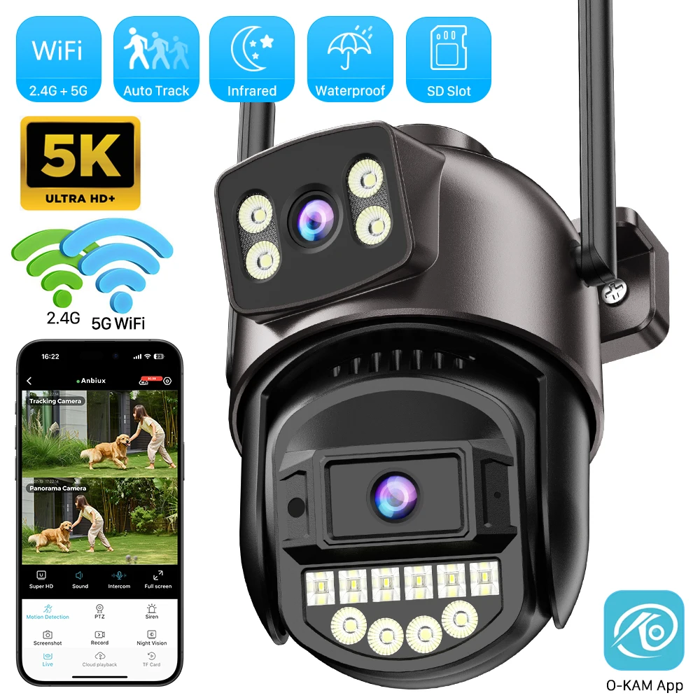 10MP 5K Dual Lens PTZ IP Camera with Dual Screen 8MP Ai Human Detection Auto Tracking Wireless Outdoor Surveillance Camera O-KAM