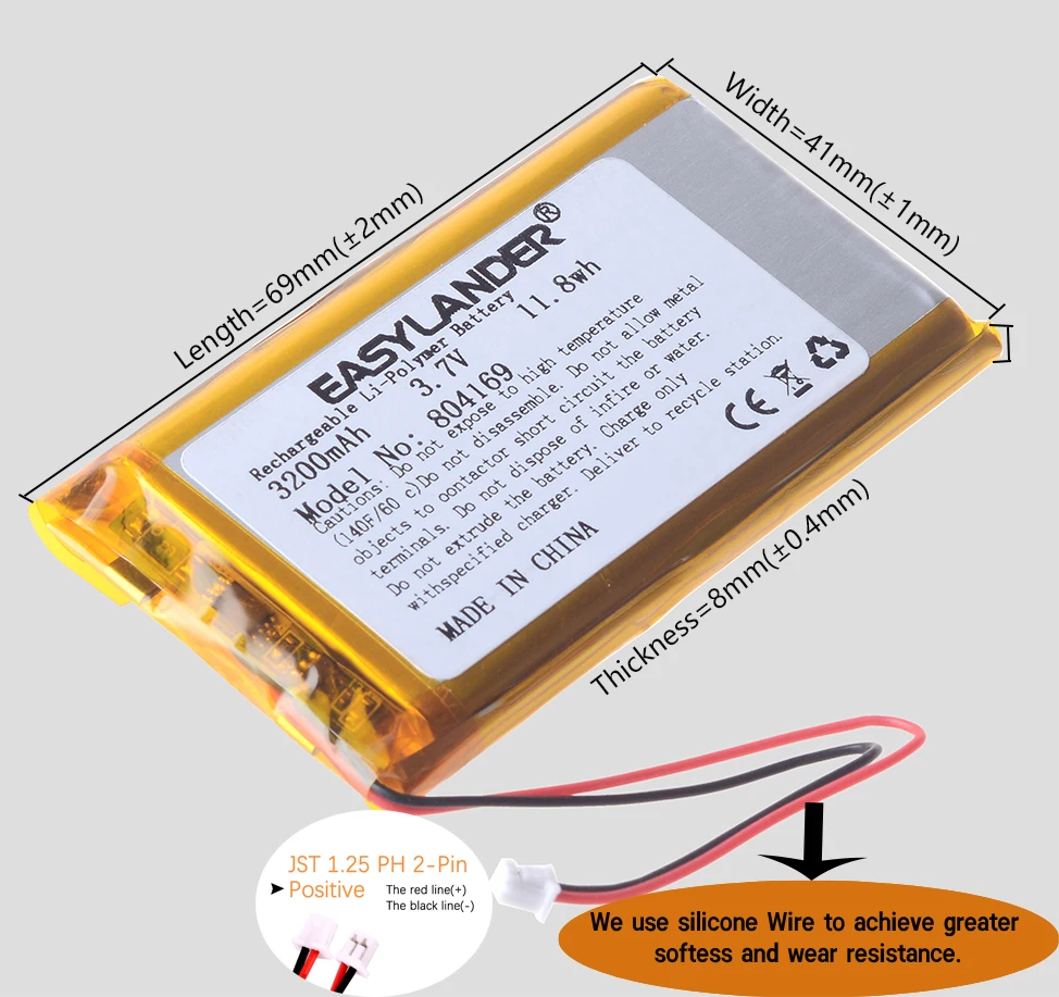 Silicone Wires 804169 3.7V 3200mAh JST1.25 2P Li Polymer Battery 804066 For Open source console R36S Game machine