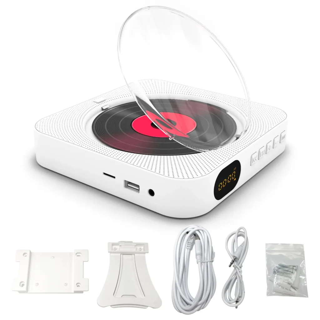 KC-909 Portable CD Player Built-in Speaker Stereo with Double 3.5mm Headphones Jack LED Screen Wall Mountable CD Music Player
