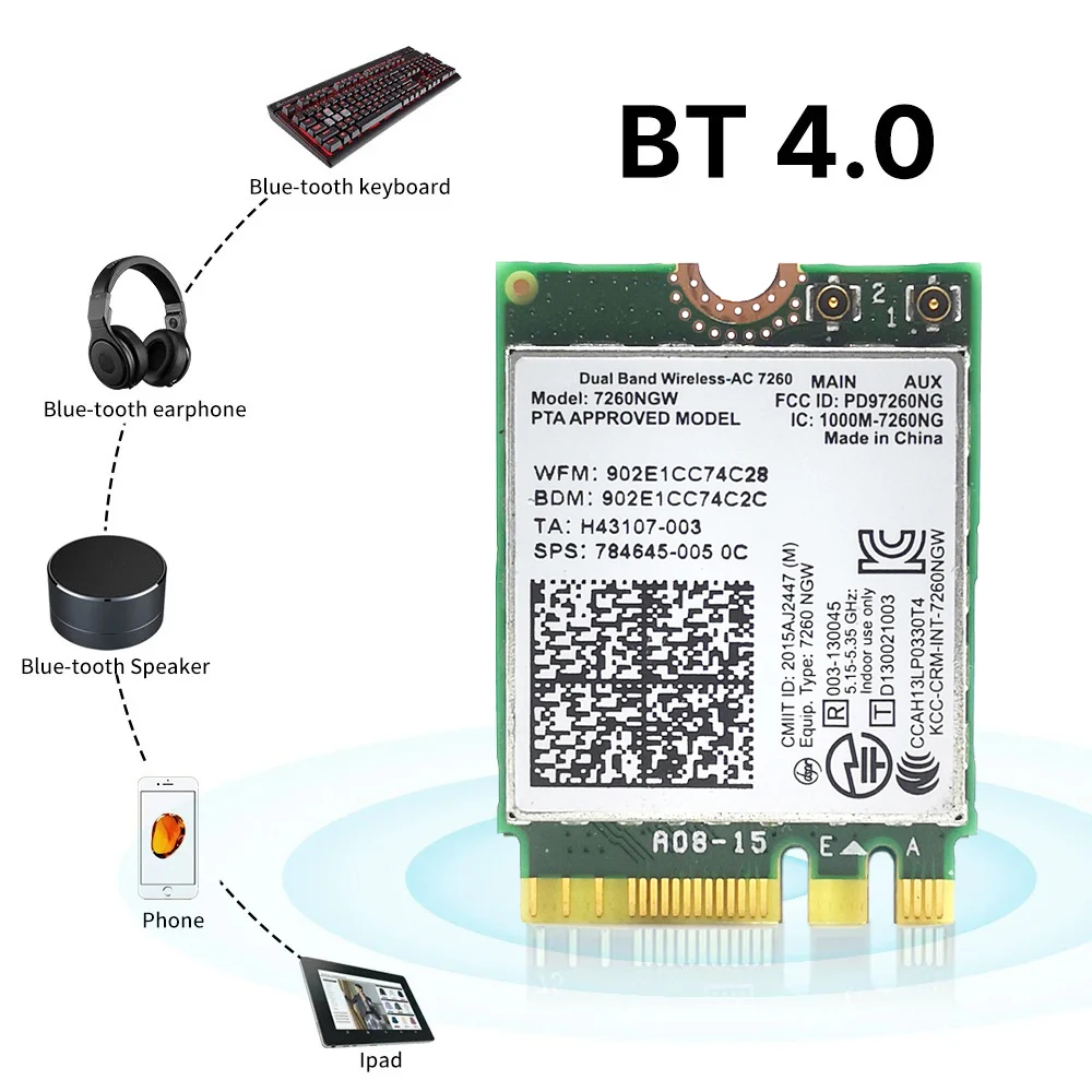 7260AC Bluetooth4.0 WiFi 1200Mbps Wireless Network Card NGFF M.2 Wifi Dongle 802.11AC Dual Band 2.4G 5G For Laptop 7260NGW