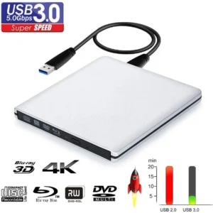 Ultra-Slim External Optical Drive with 4K Blu-Ray Burning, USB 3.0, DVD Play, 3D Blu-Ray R/W, CD/DVD Burner